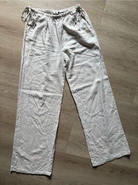 Light Beige Drawstring Linen Lounge Pants
